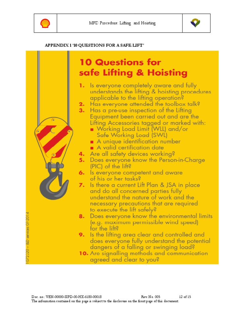 Appendix 1 10 Questions For A Safe Lift' MFD Procedure Lifting and