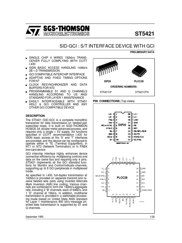 Sid-Gci: S/T Interface Device With Gci: PIN CONNECTIONS (Top Views ...