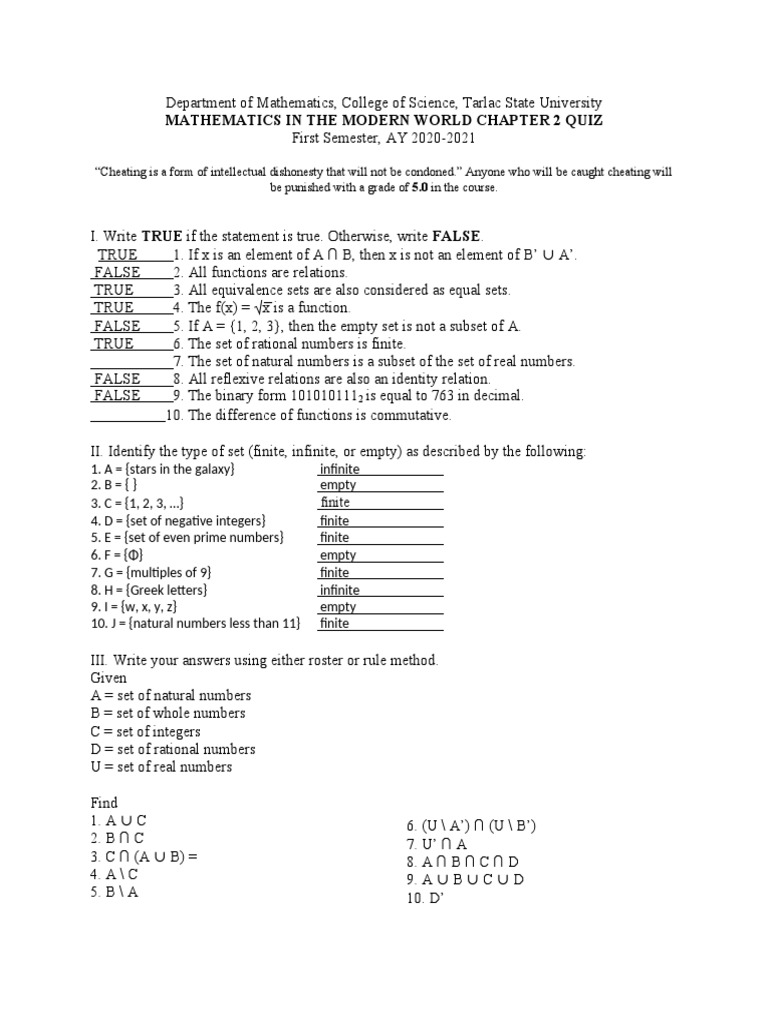 Chapter Quiz Numbers Set Mathematics
