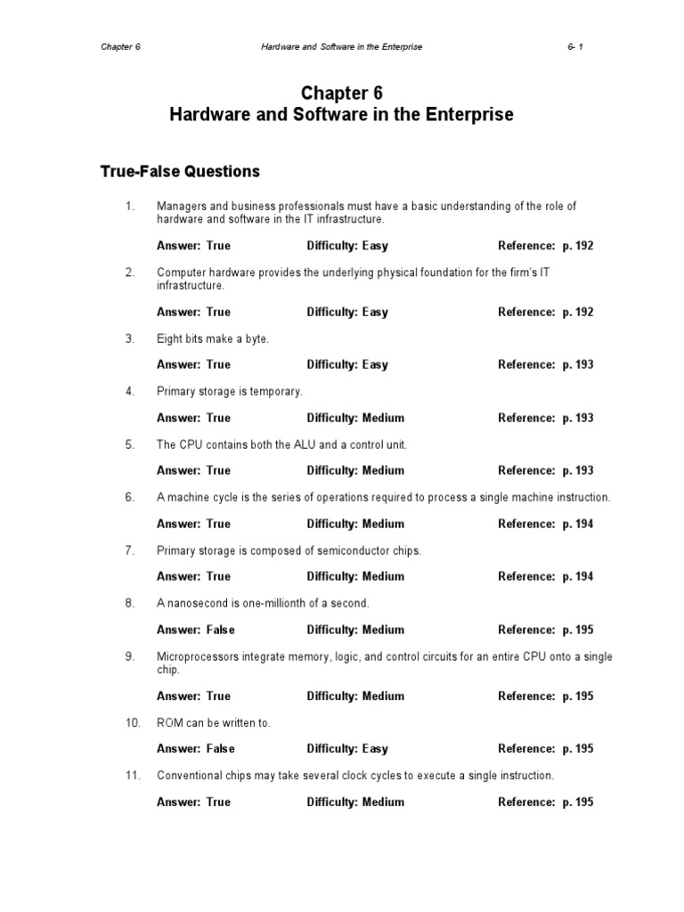 Hardware and Software in The Enterprise: True-False Questions | PDF ...
