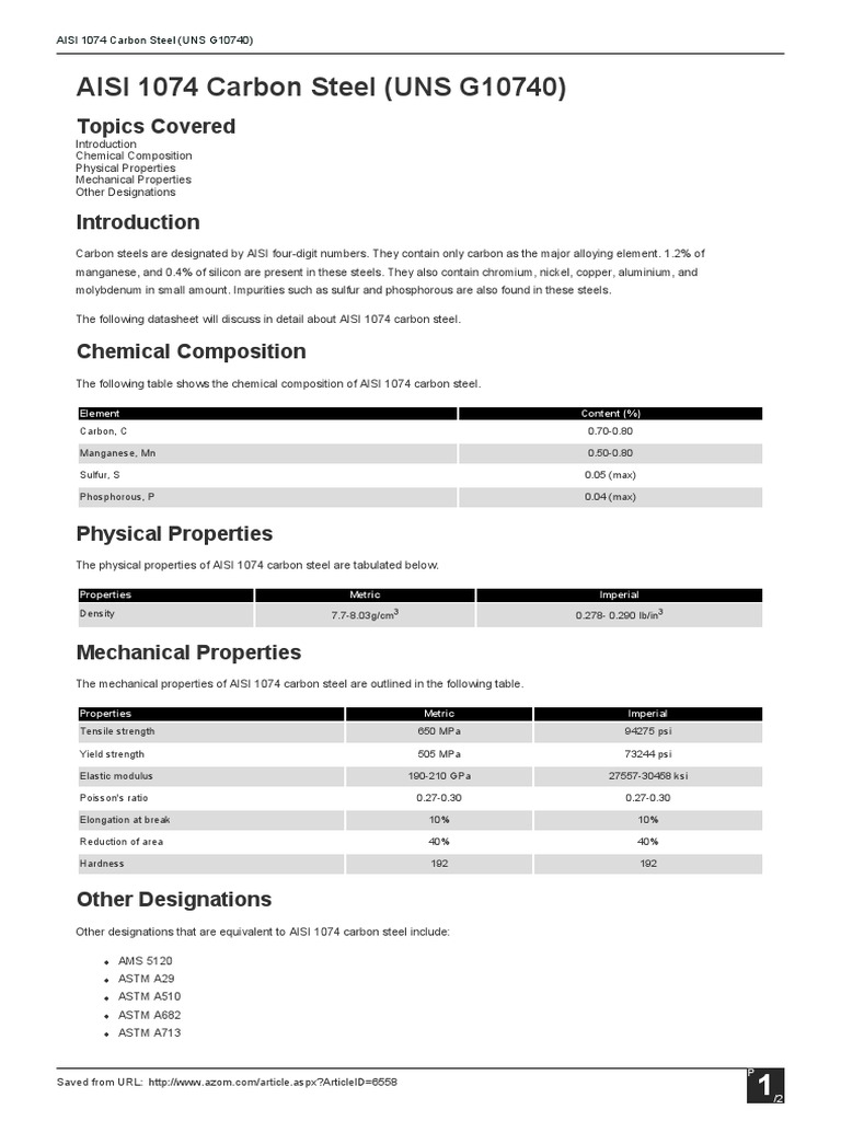 AISI 1074 Carbon Steel Overview | PDF | Steel | Strength Of Materials