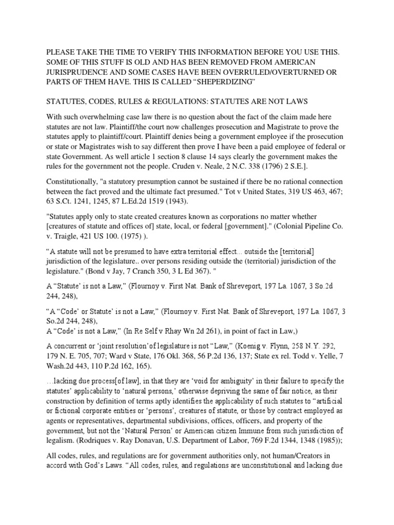 Statutes Codes Rules Regulations Are Not Law Download Free PDF