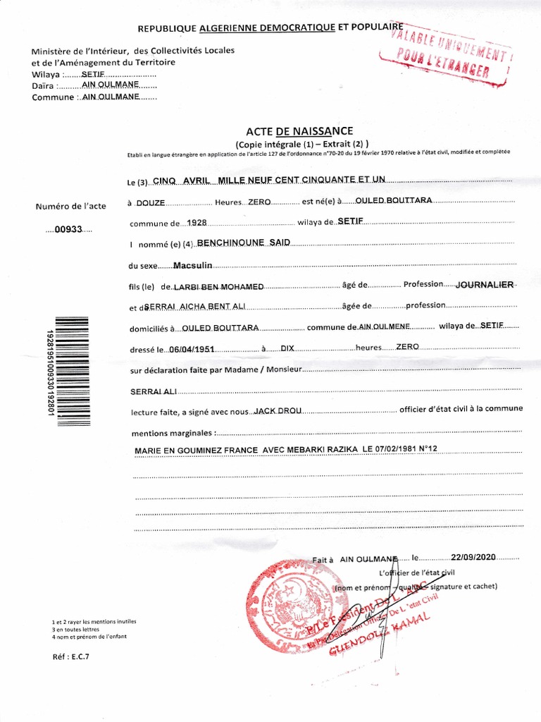 Copie Intégrale Acte De Naissance Ec7 Algérie Pdf