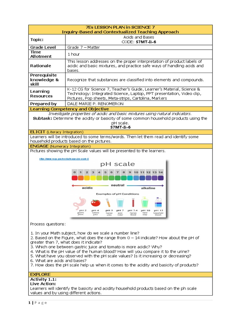 Acids and Bases Lesson Plan for Grade 7 | PDF | Ph | Acid