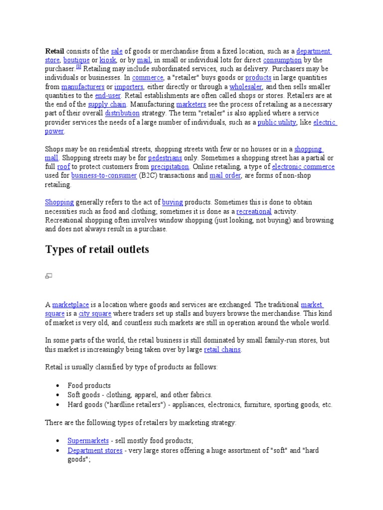 Types of Retail Outlets PDF Retail Sales