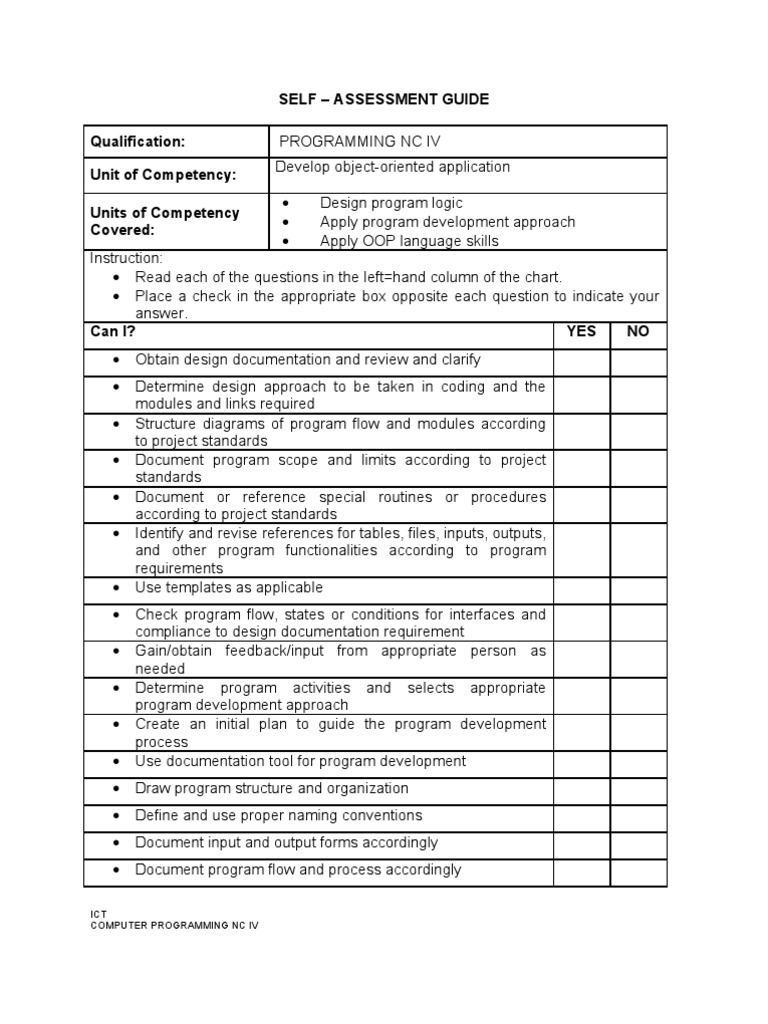 Programming NC IV Self-Assessment Guide | PDF | Career & Growth | Computers
