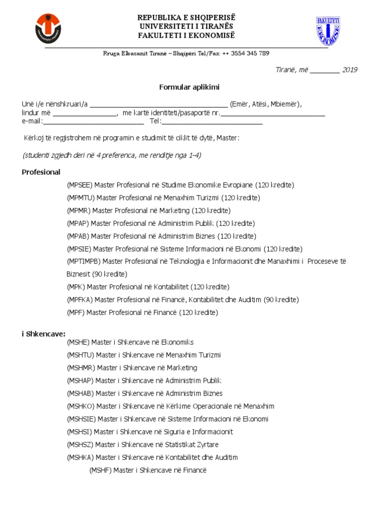 Formular Aplikimi Master 2019-2020 | PDF