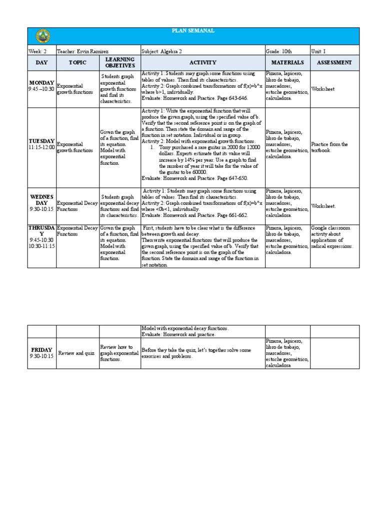 Algebra 2 - 10th Grade - Week 2 | PDF | Exponential Function | Function ...
