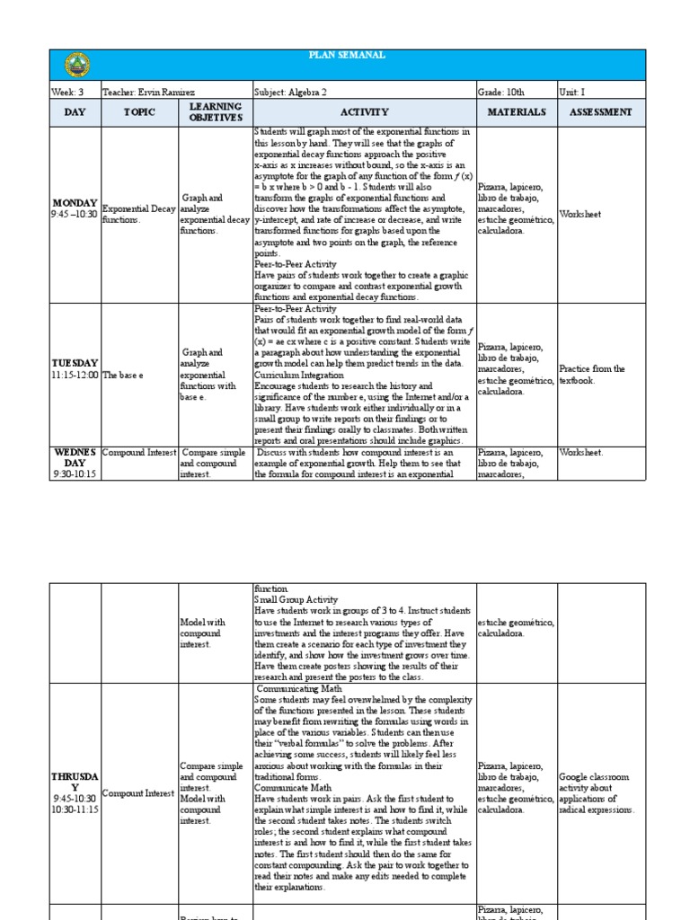 Weekly Algebra 2 Lesson Plan | PDF | Exponential Function | Compound ...