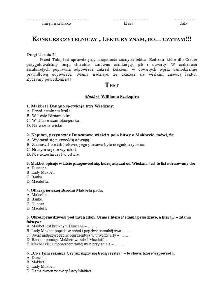 Test Ze Znajomości Pana Tadeusza