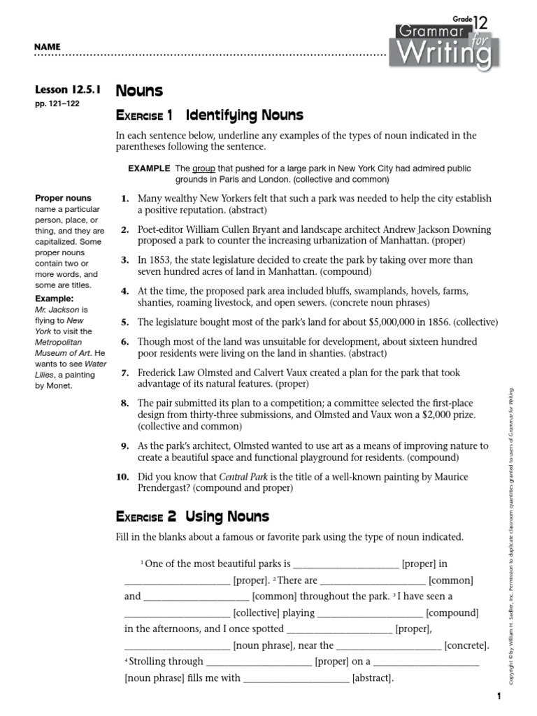 E 1 Identifying Nouns PDF Parks Noun