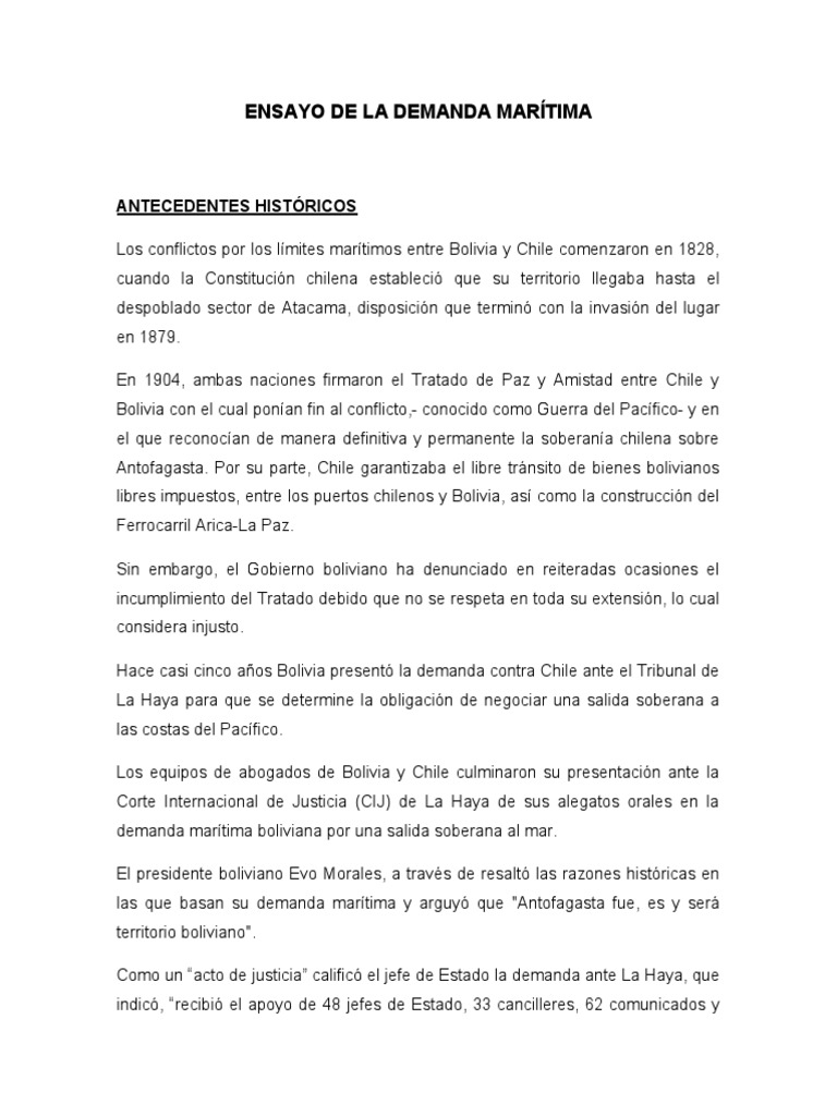 Ensayo De La Demanda Marítima Pdf Bolivia Relaciones Internacionales