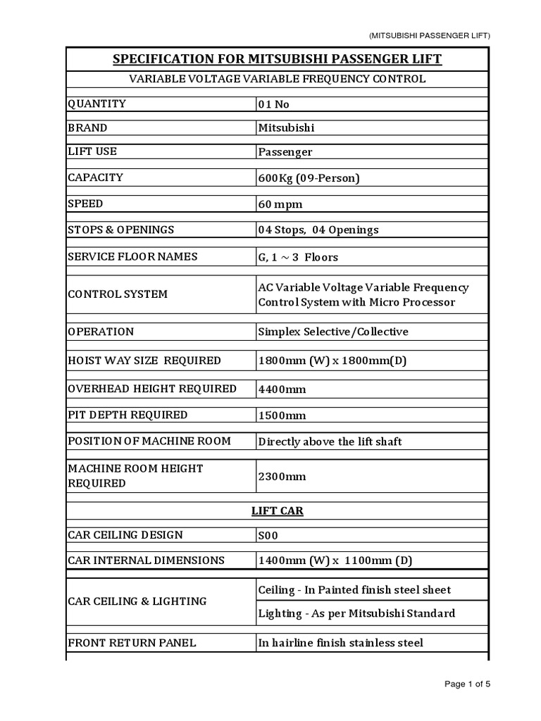 Mitsubishi Passenger Lift Specifications | PDF | Elevator | Door