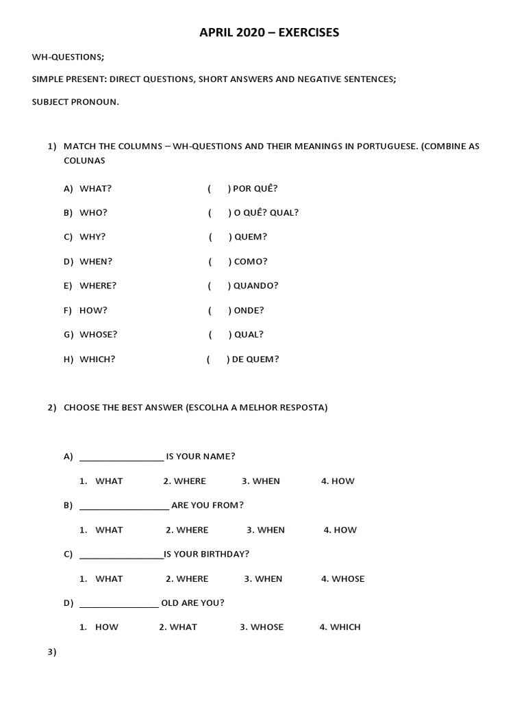 Exercises WH - Questions Basic English | PDF | Question | Linguistic ...
