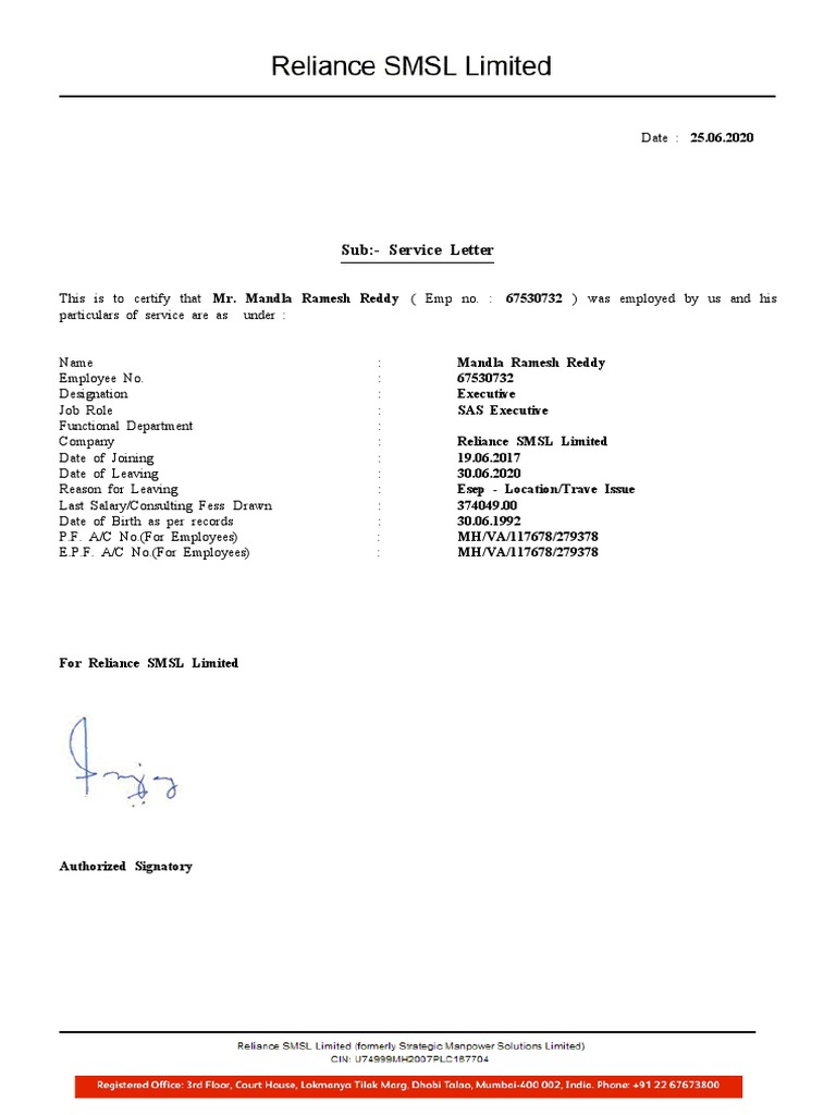 Service Letter for Mandla Reddy | PDF