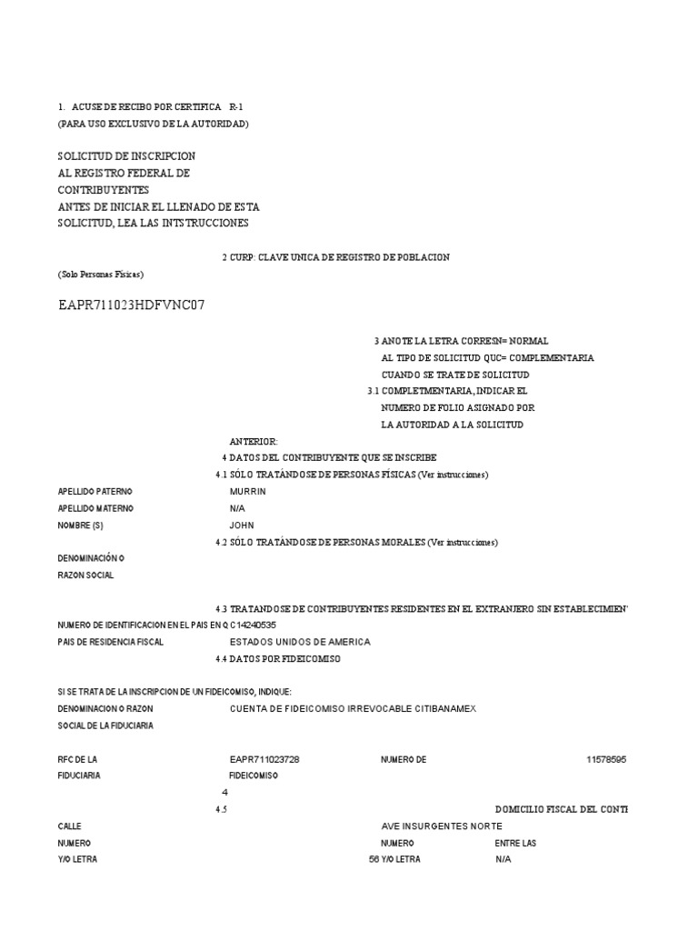 Solicitud de Inscripción al RFC R-1 | PDF | Documento | Gobierno y ...