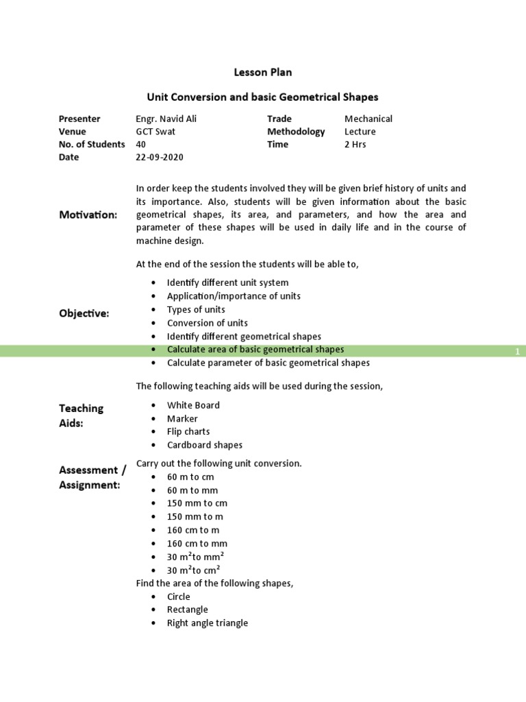 Unit Conversion & Geometry Lesson Plan | PDF