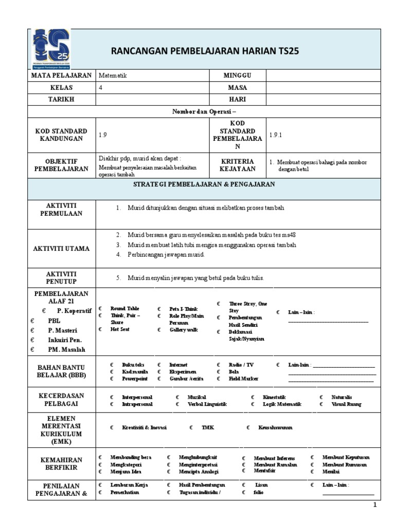 Rph Matematik Tahun 4 Kssr Semakan 1 9 Selesaikan Masalah Pdf