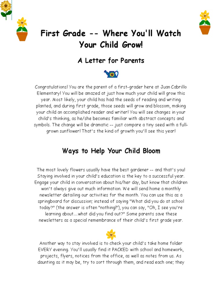 First Grade - Where You'll Watch Your Child Grow!: A Letter For Parents ...