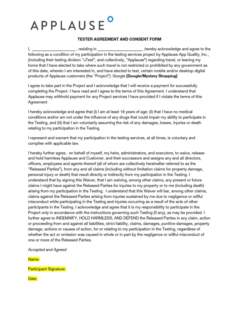 Tester Agreement and Consent Form | PDF | Indemnity | Justice