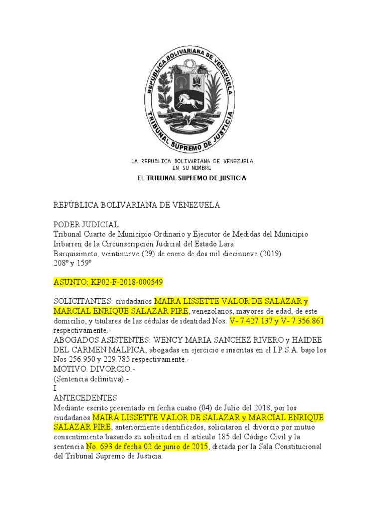 Sentencia REPÚBLICA BOLIVARIANA DE VENEZUELA | PDF | Divorcio