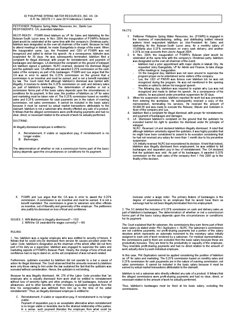 Mahilum vs. PSWRI: Illegal Dismissal Case | PDF | Overtime | Employment