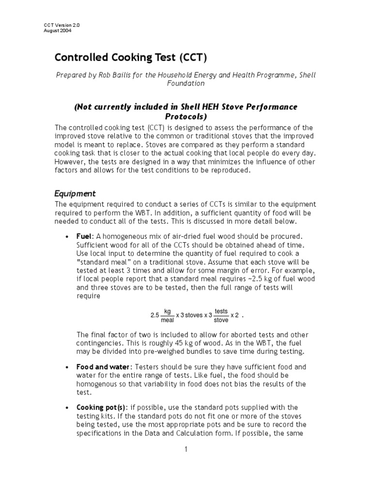 Controlled Cooking Test (CCT) : (Not Currently Included in Shell HEH ...