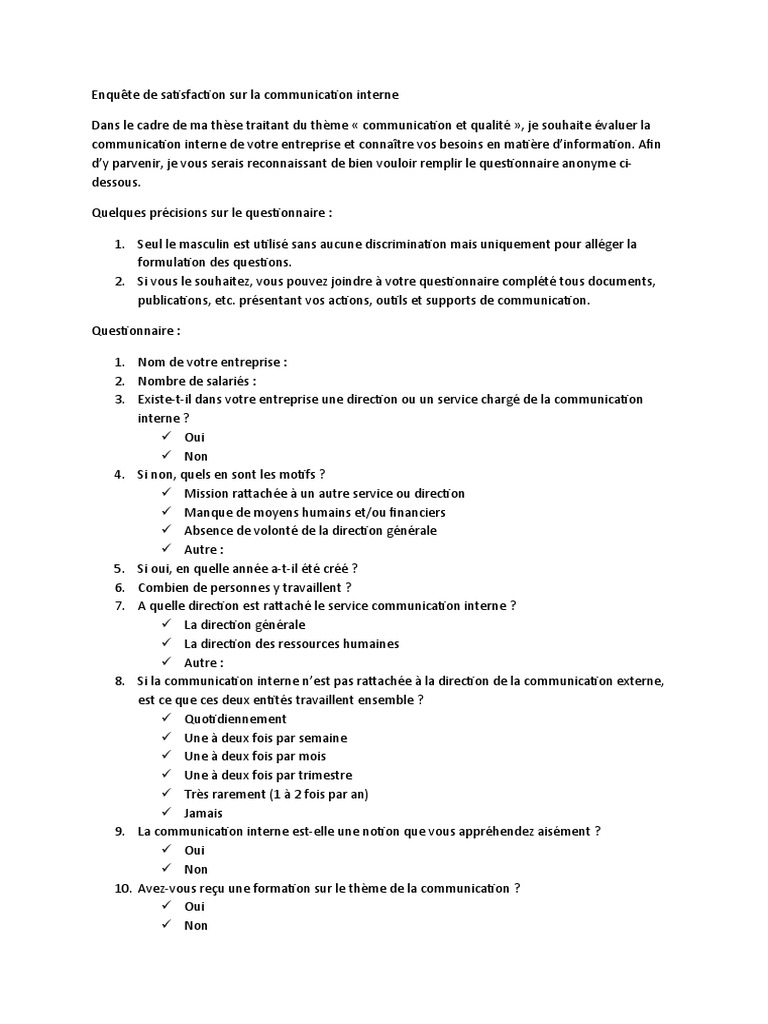Enquete De Satisfaction Sur La Communication Interne Pdf La Communication Informations