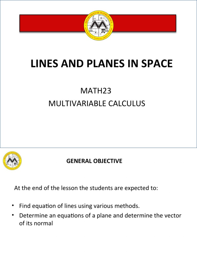 Lines and Planes in Space MATH23 Multivariable Calculus PDF Plane