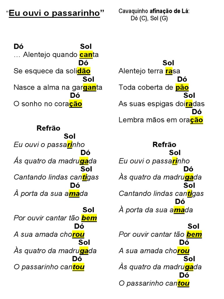 Eu ouvi o passarinho: Letra e Acordes | PDF