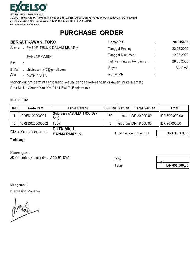 Purchase Order PT. Excelso Multi Rasa | PDF