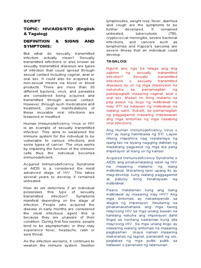 Script Topic: Hiv/Aids/Std (English & Tagalog) Definition & Signs and ...
