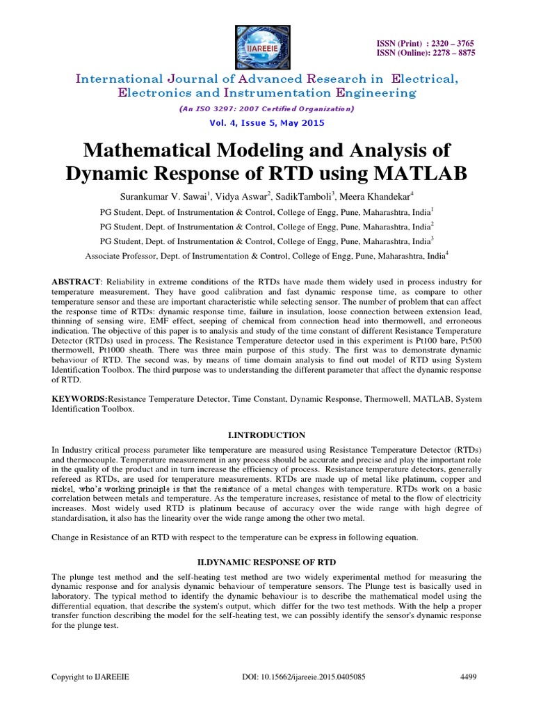 Mathematical Modeling and Analysis of Dynamic Response of RTD Using ...