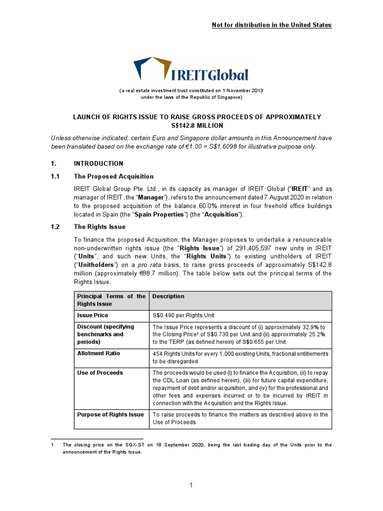 IREIT Global's S$142.8M Rights Issue | PDF | Securities Act Of 1933 ...