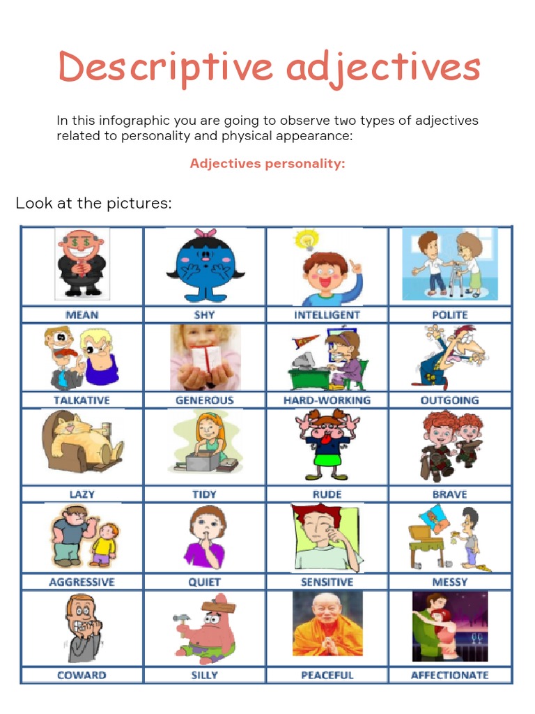Descriptive Adjectives: Look at The Pictures | PDF | Self-Improvement ...