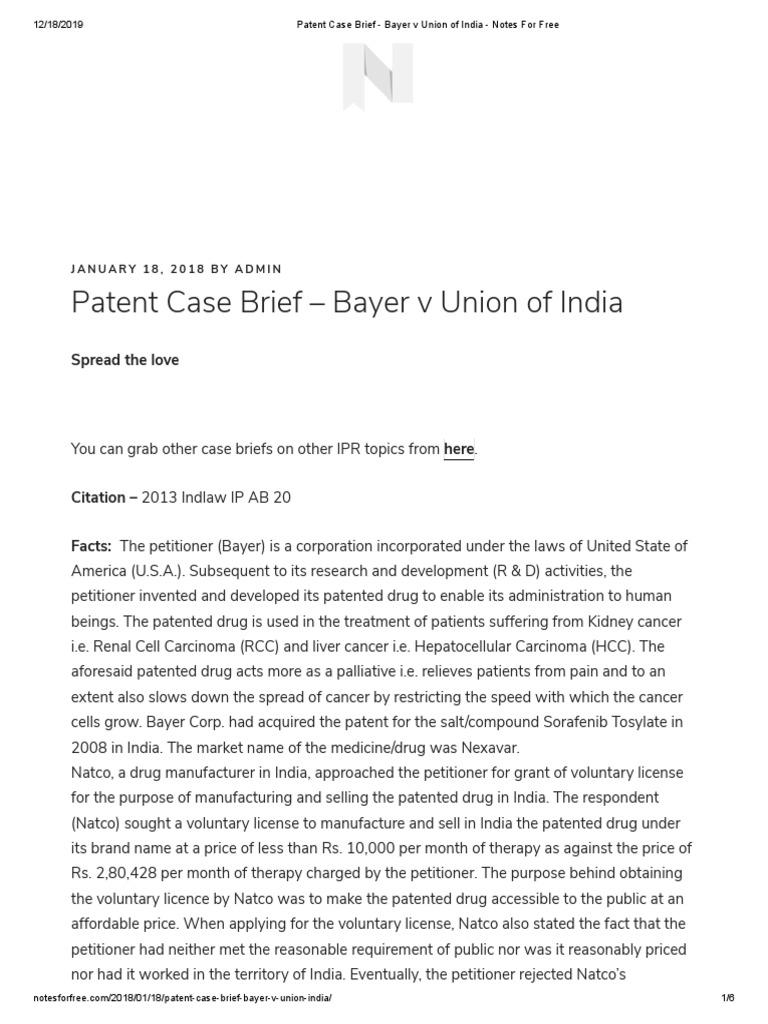 Patent Case Brief Bayer V Union Of India Notes For Free Pdf Pdf