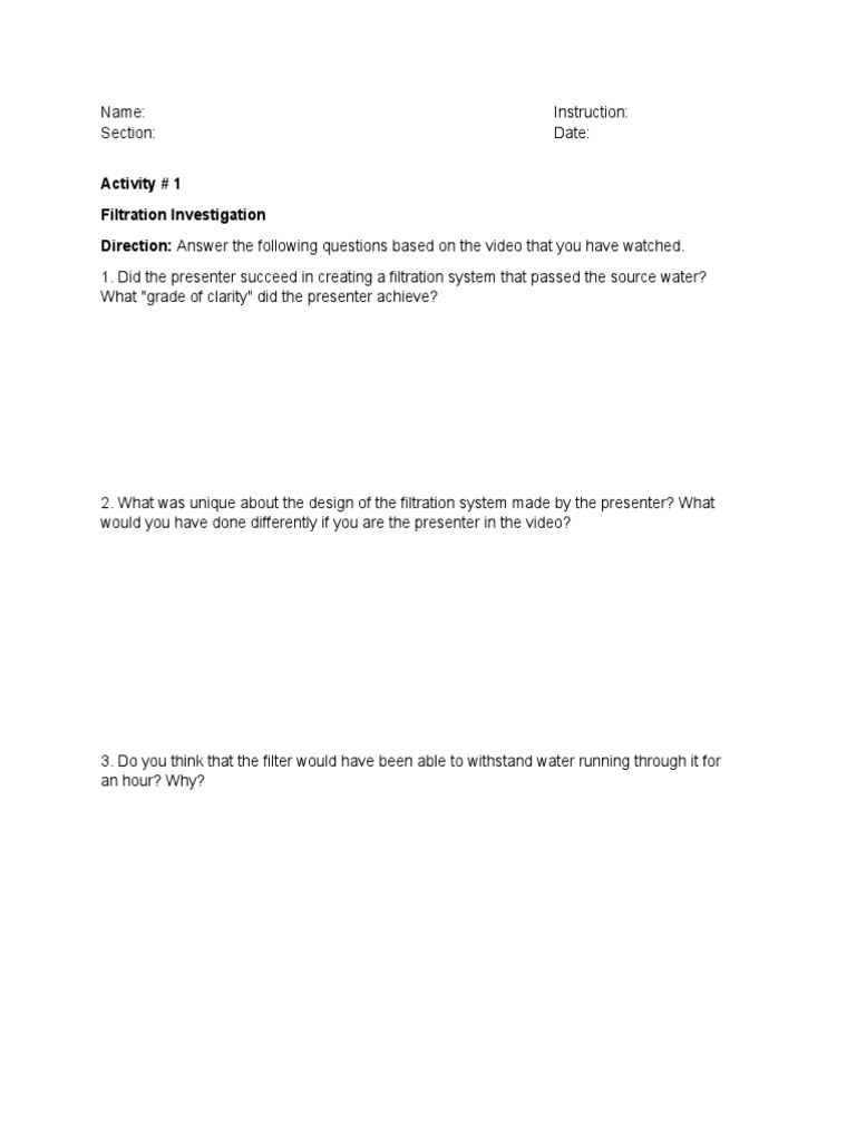Filtration System Investigation Questions | PDF
