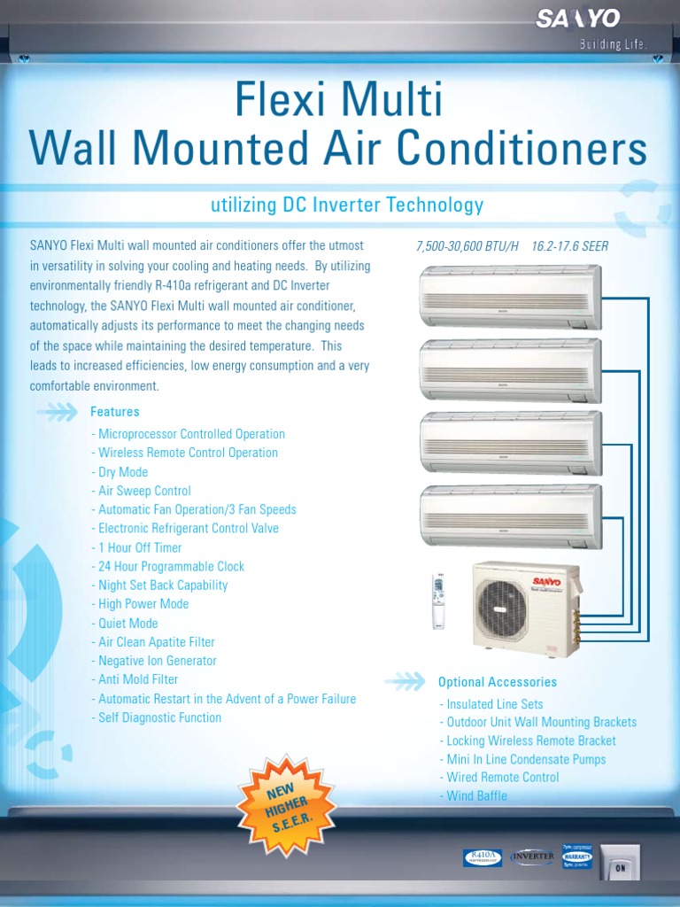 Sanyo Wall Mounted Multi Split System Indoor Units Sell Sheet PDF