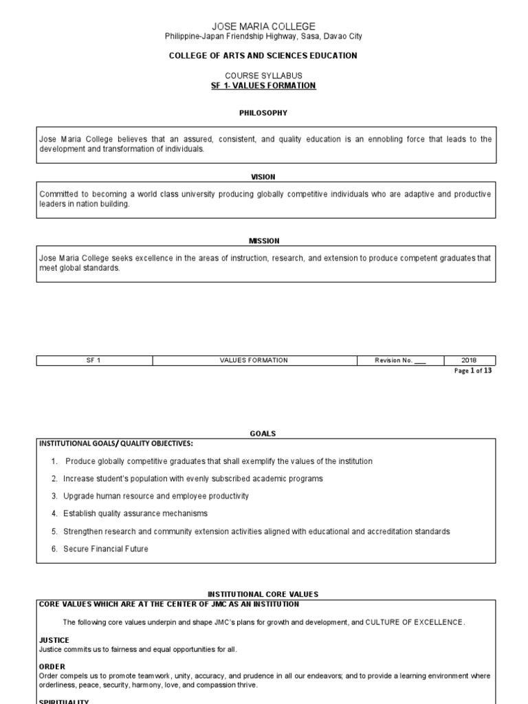 SF 1-VALUES FORMATION-syllabus | PDF | Motivation | Motivational