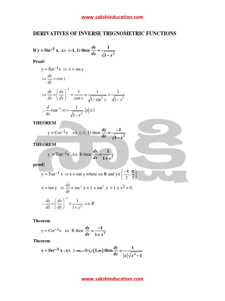 Derivatives of Inverse Trigonometric Functions | PDF | Rates | Non ...