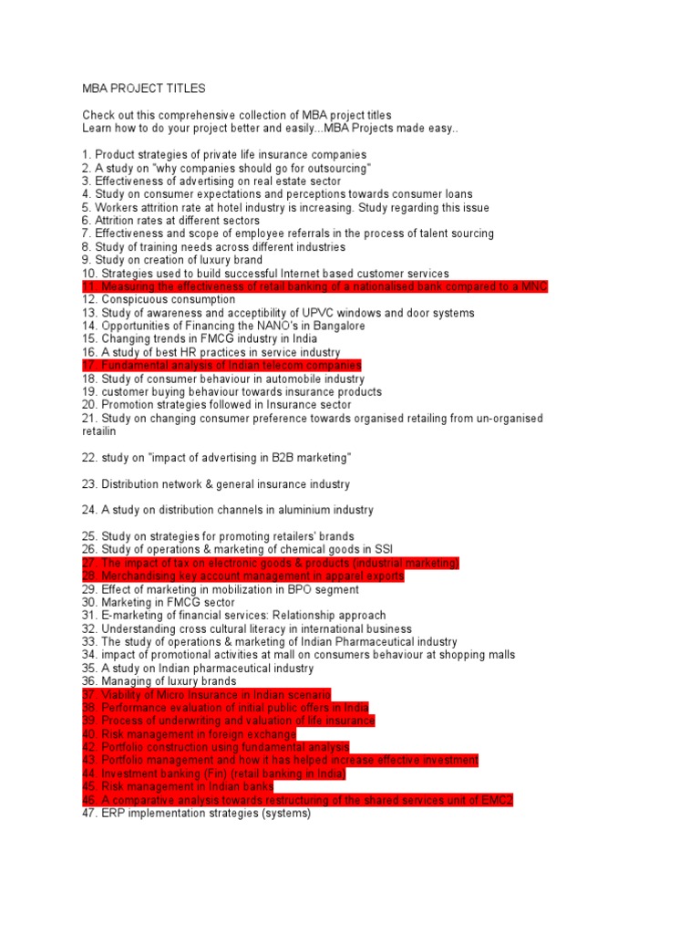 MBA Project Titles Consumer Behaviour Retail
