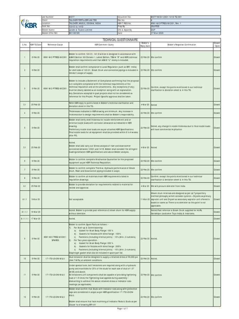Technical Questionnaire | PDF | Heat Exchanger | Pipe (Fluid Conveyance)