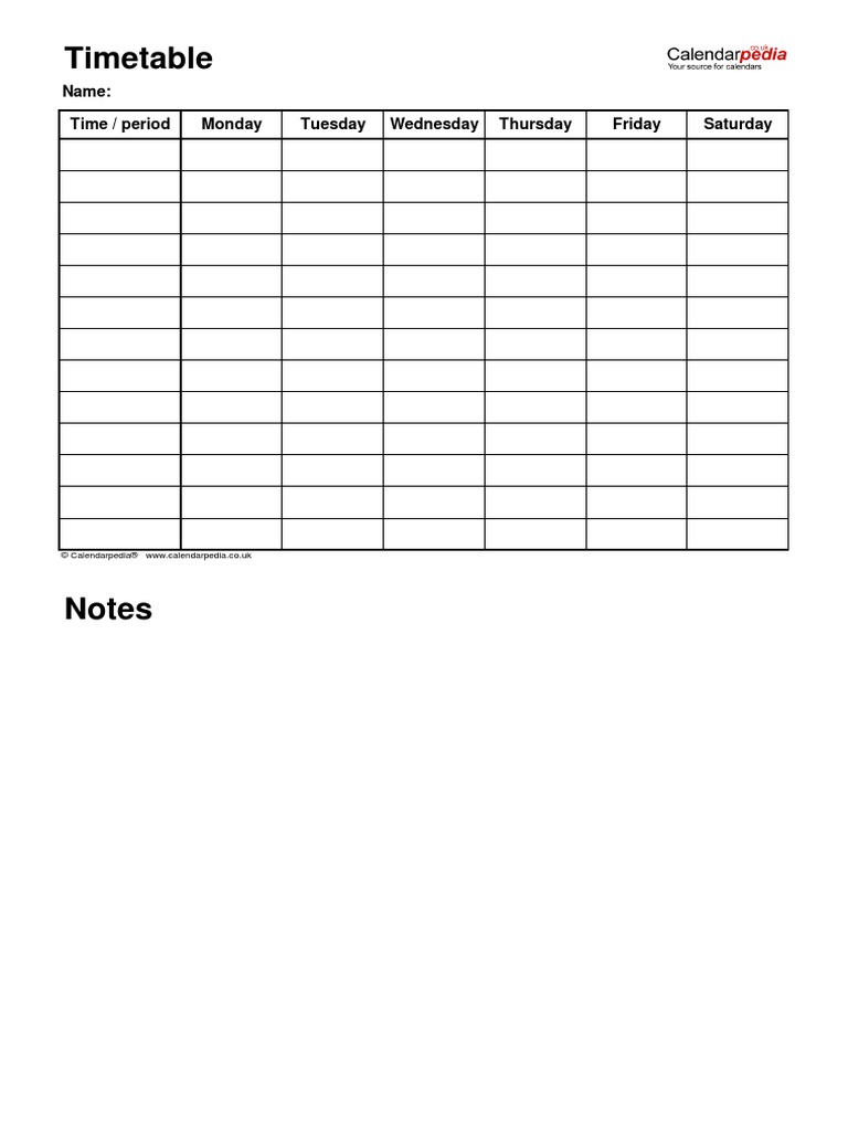 Timetable Monday To Saturday With Room For Notes | PDF