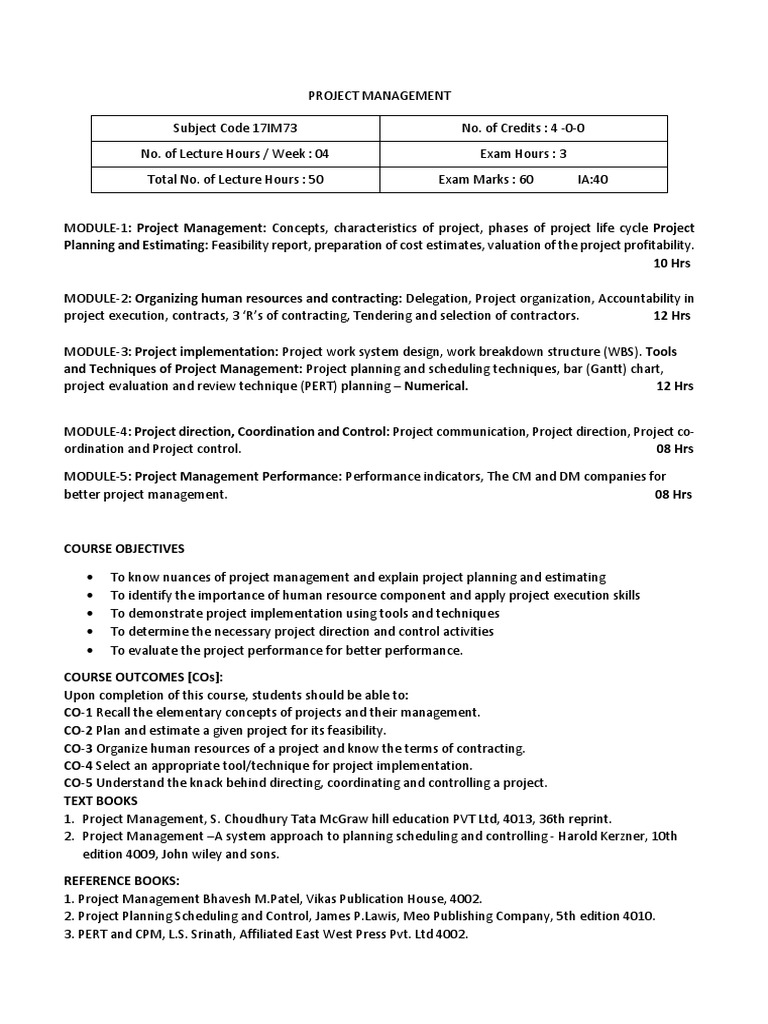 17IM73 - PROJECT MANAGEMENT - Syllabus | PDF | Project Management ...