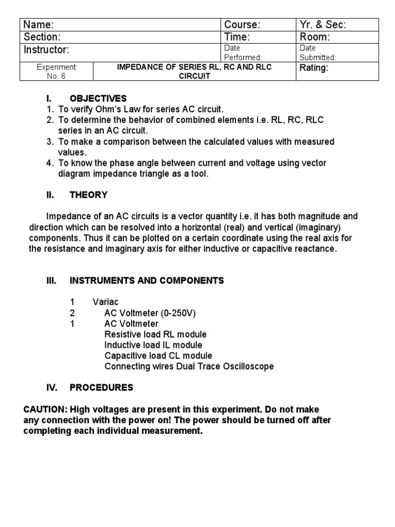 Expt 6 Impedance Of A Series Rl Rc And Rlc Circuit Electrical Impedance Electrical Network
