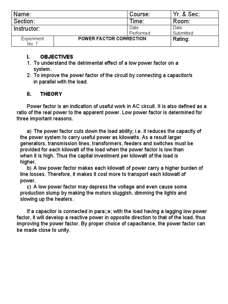 Power Factor Correction Experiment | PDF | Ac Power | Series And ...