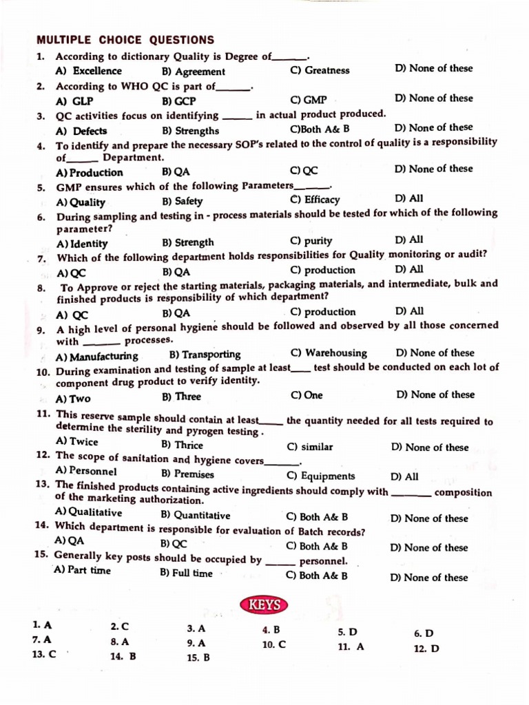 Pharmaceutical QA MCQs PDF Quality Business