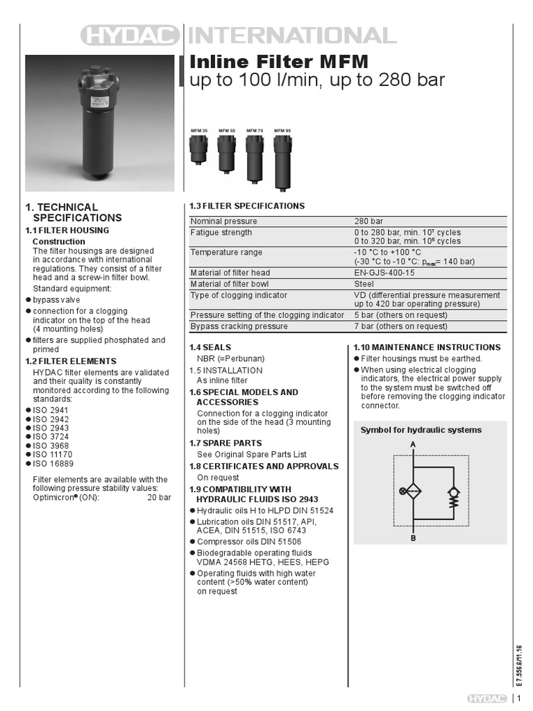 Up To 100 L/min, Up To 280 Bar: Inline Filter MFM | PDF | Filtration ...