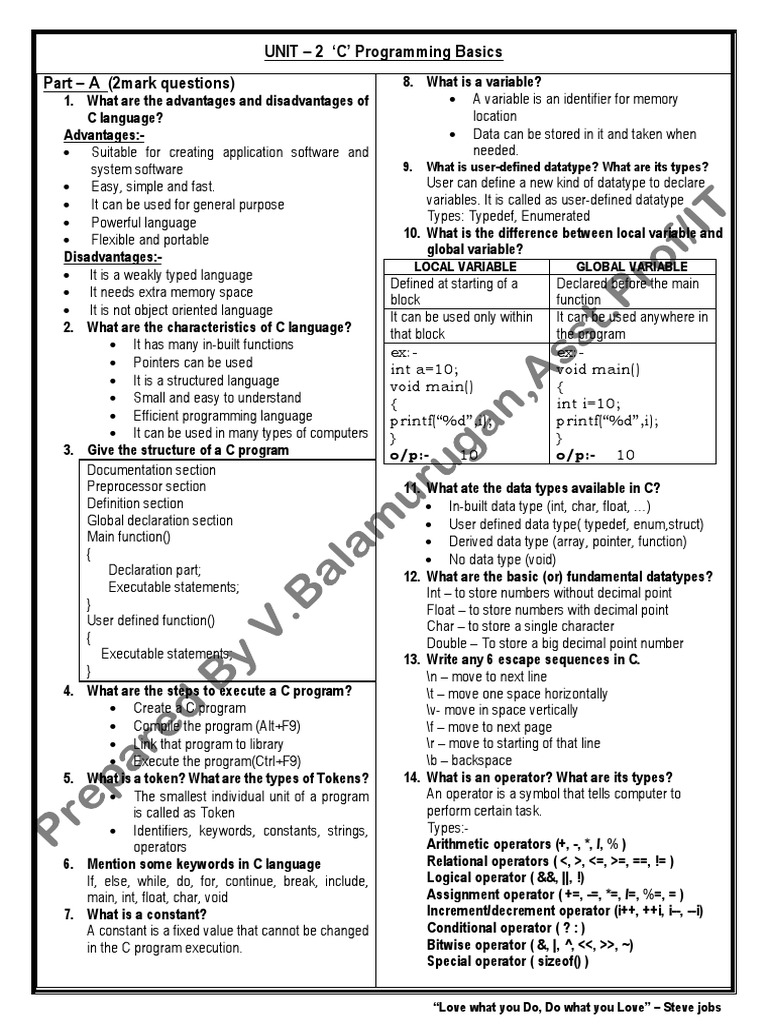 UNIT - 2 C' Programming Basics Part - A (2mark Questions) | PDF | Data ...