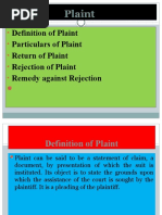 Definition of Plaint Particulars of Plaint Return of Plaint Rejection of Plaint Remedy Against Rejection